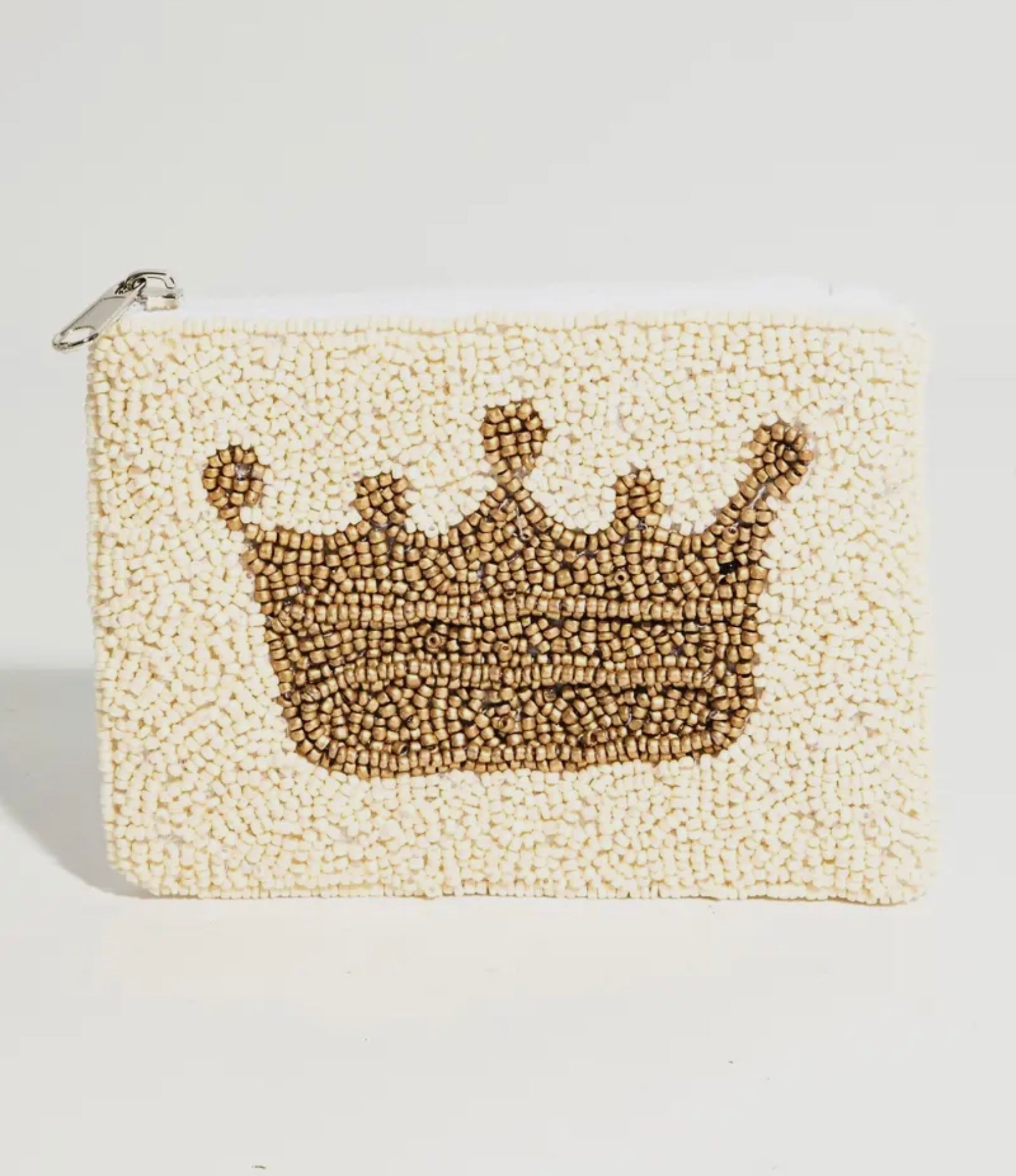 Seed Beaded White Golden Crown Coin Purse