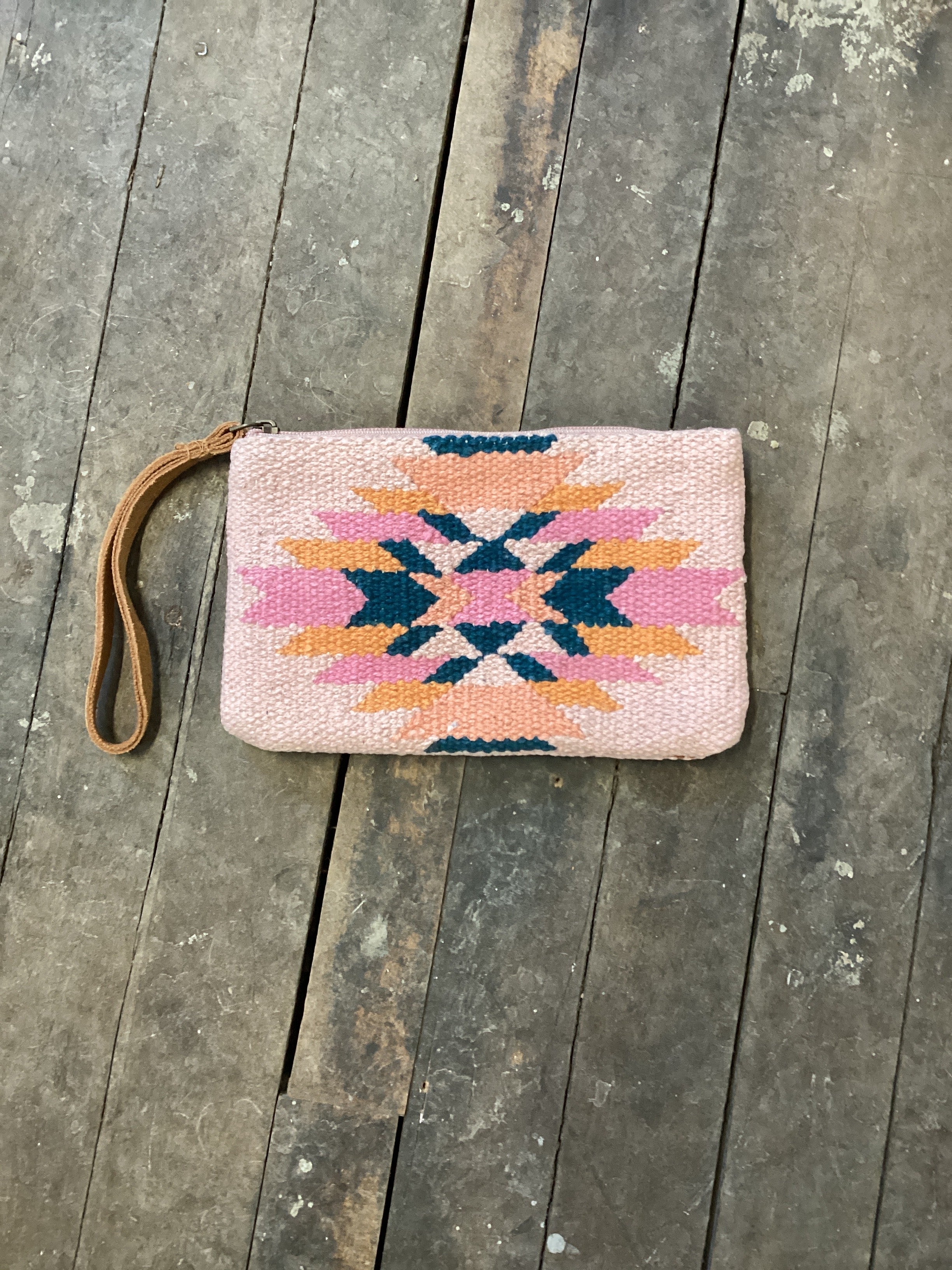 Pink, Teal & Orange Aztec Wristlet