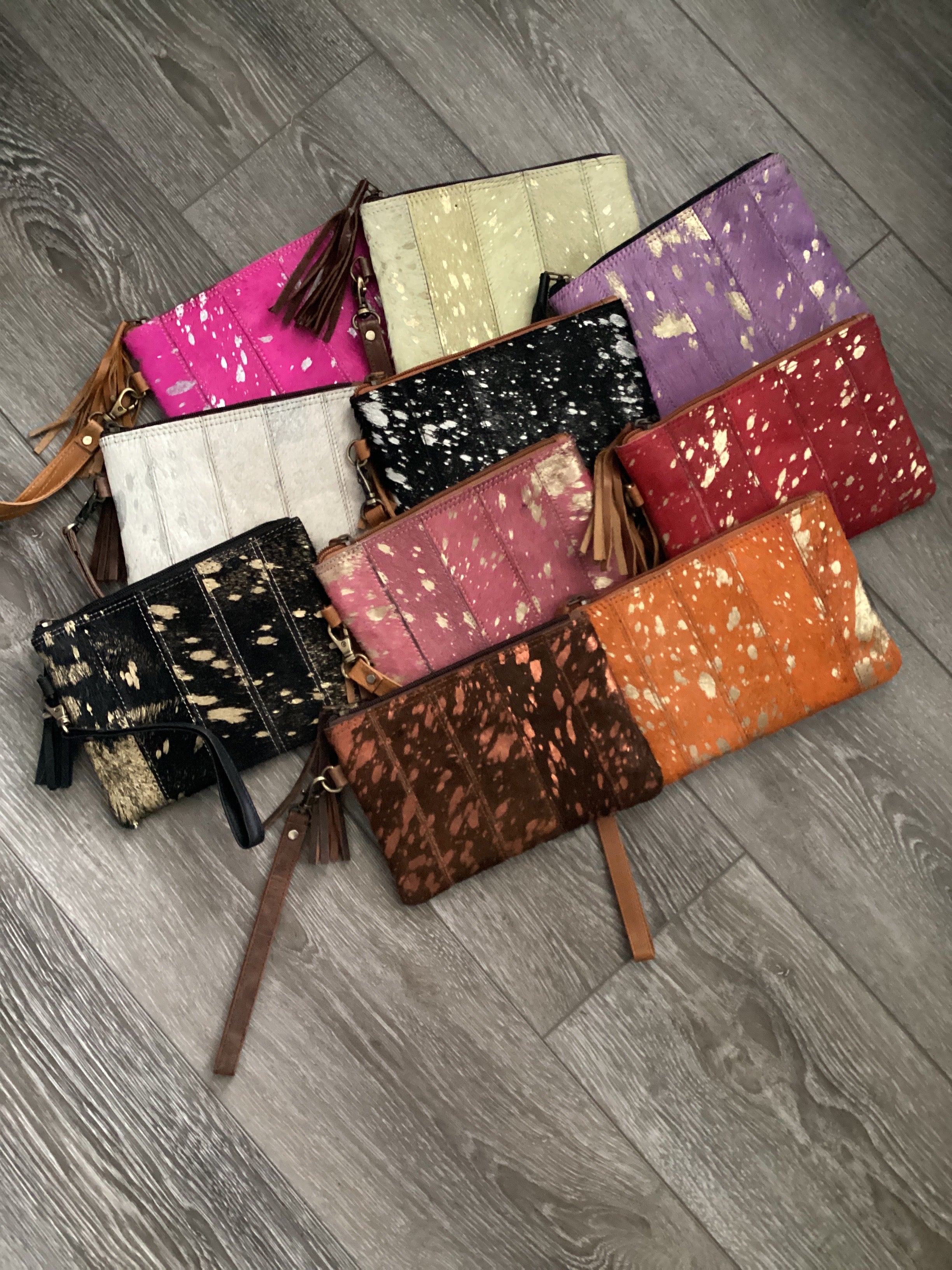 Small Acidwash Cowhide Clutch Metallic