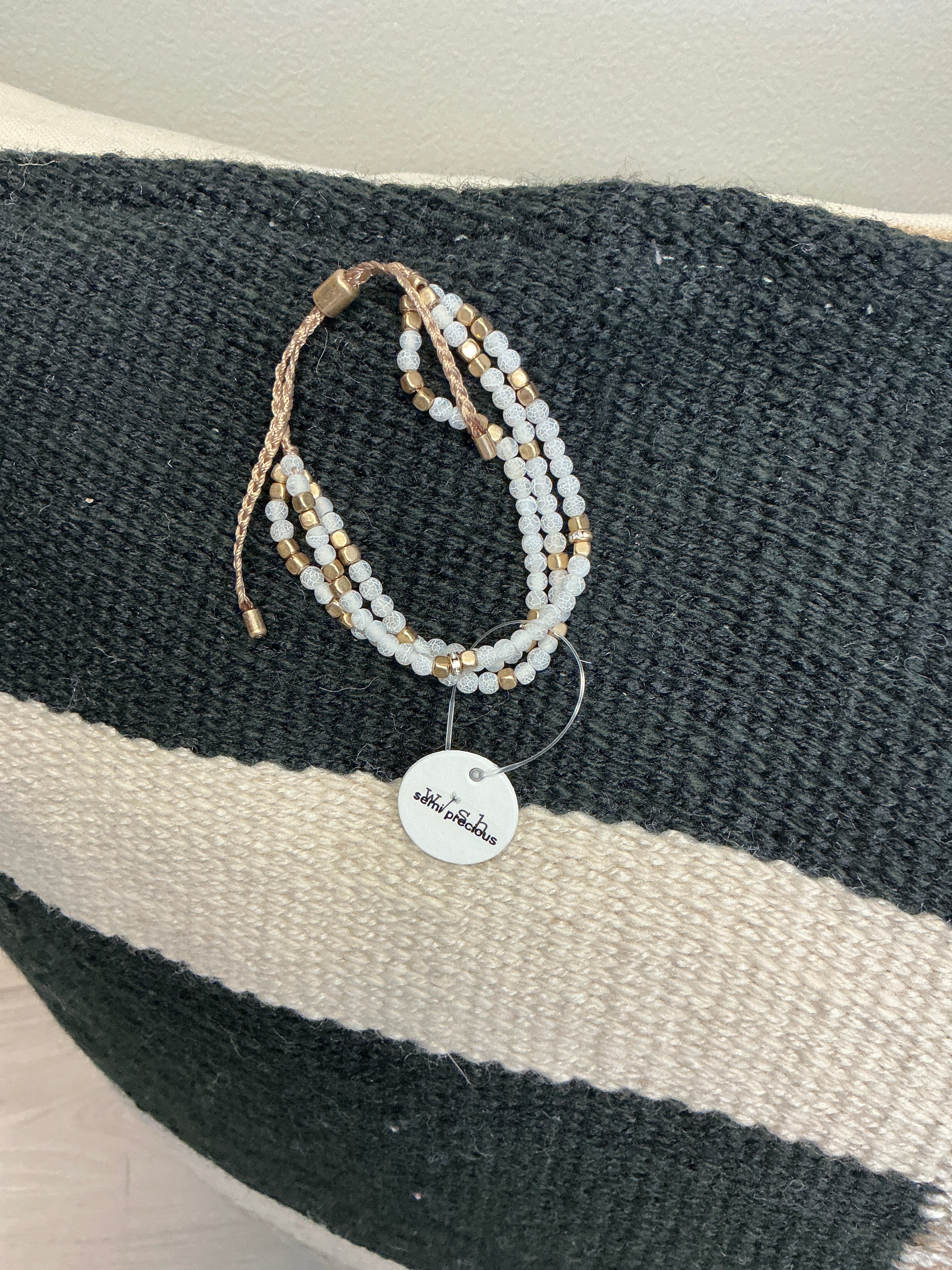 3 Layer White Natural Stone Bracelet With Pull Tie