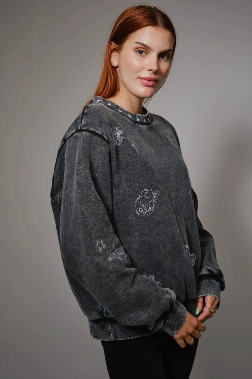 Mineral Washed Western Embroidered Sweatshirt