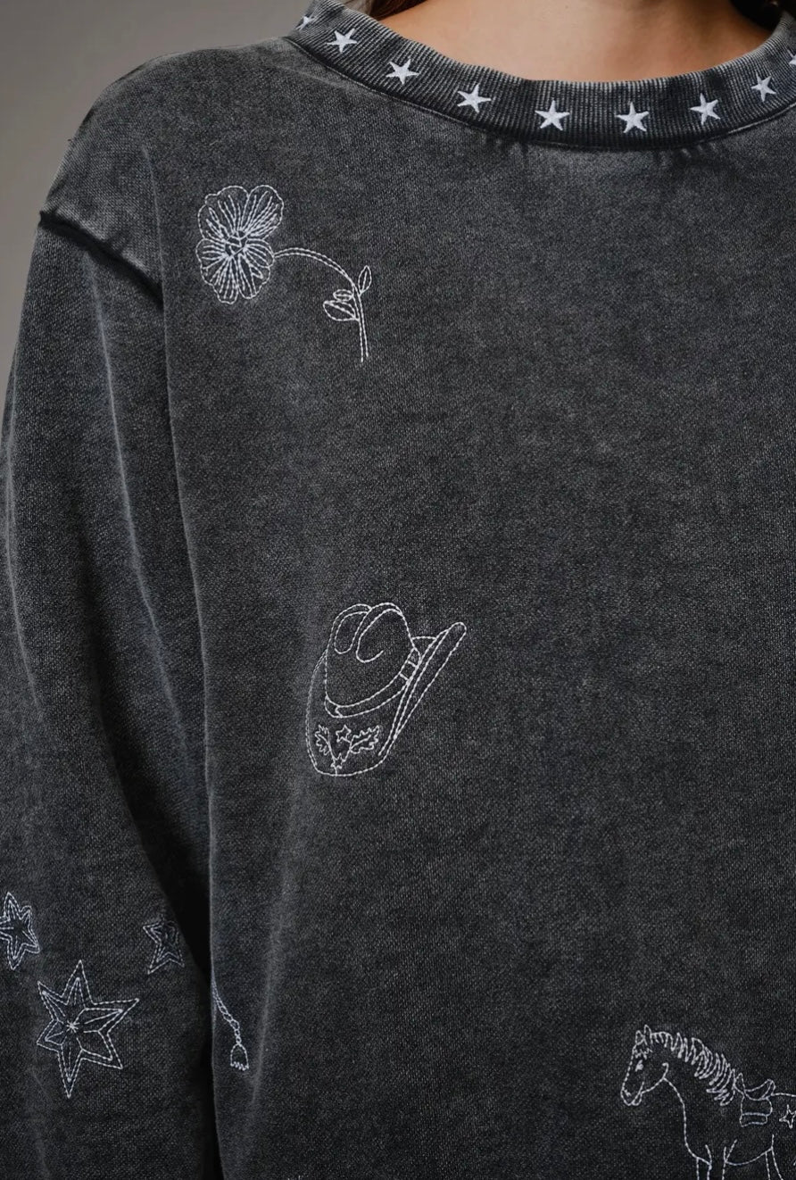 Mineral Washed Western Embroidered Sweatshirt