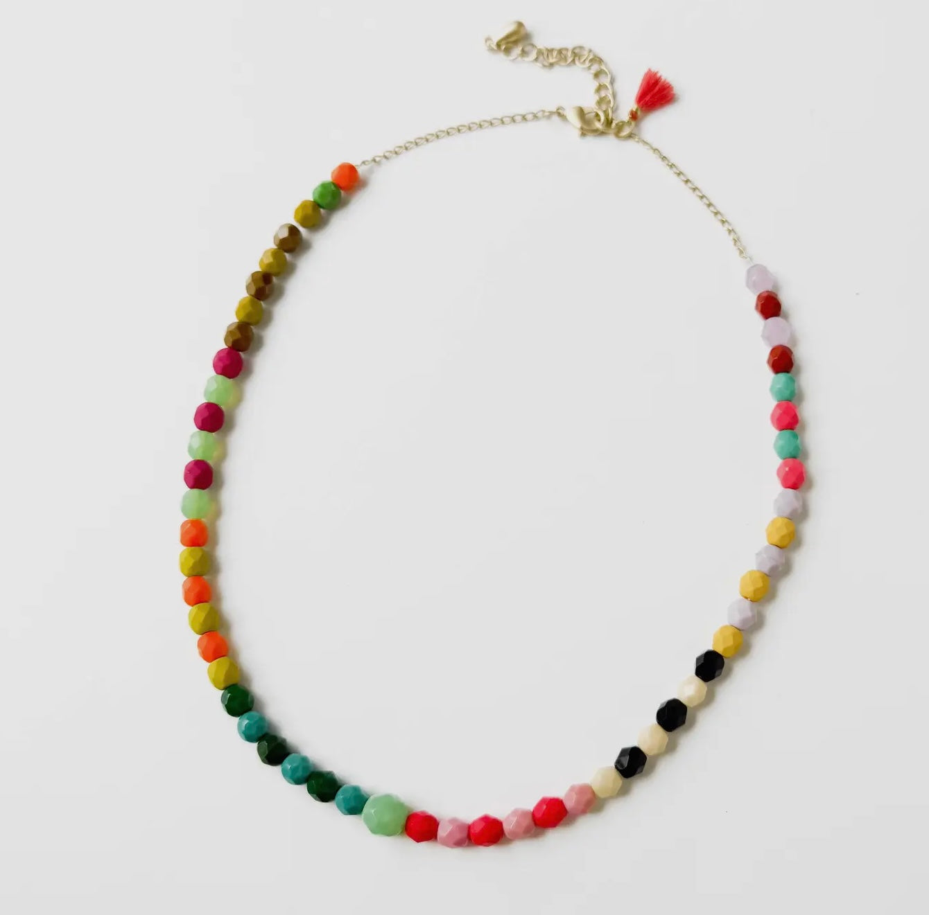 Adjustable Bead Necklace With Green Bead and Tiny Tassel