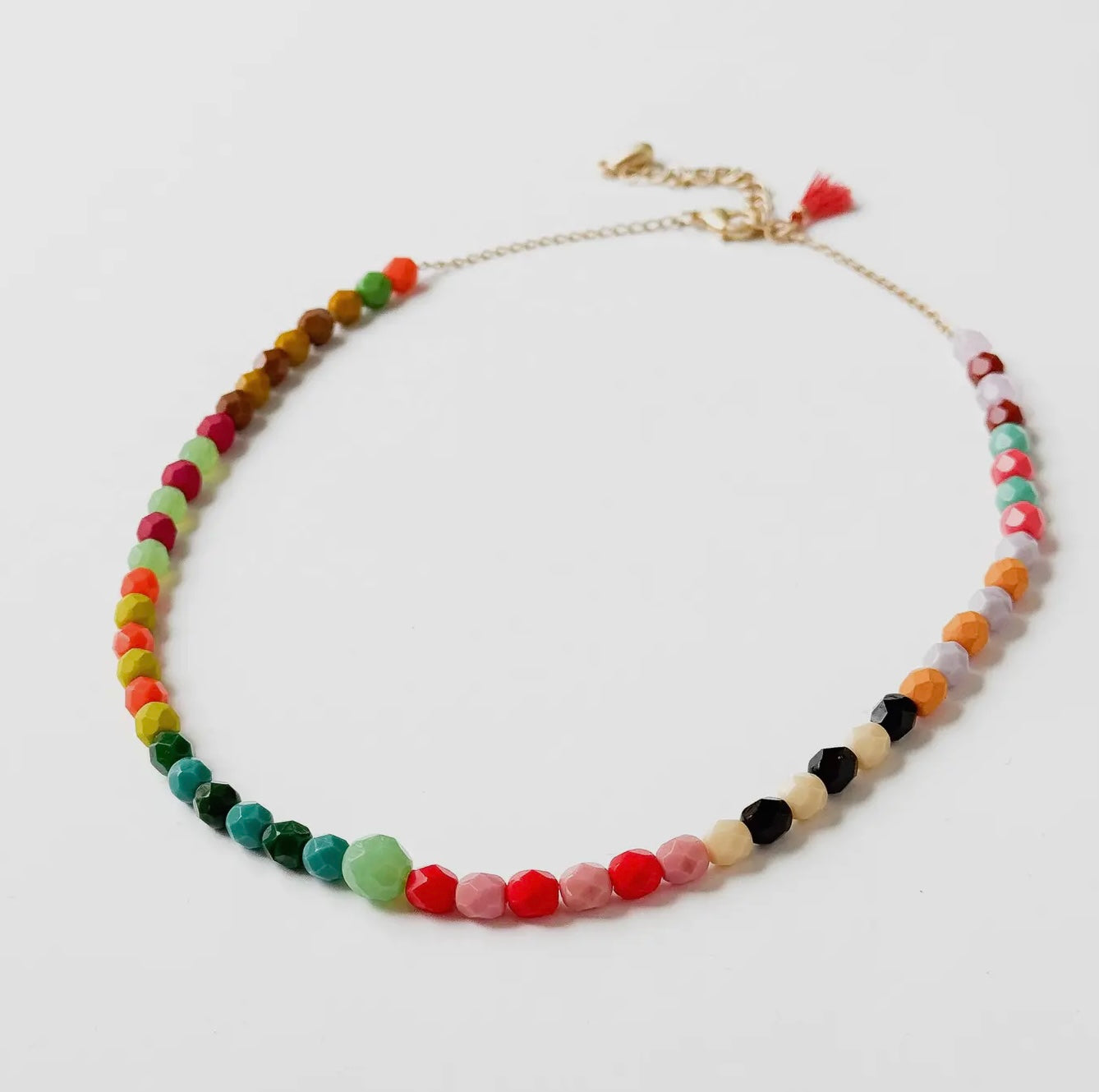 Adjustable Bead Necklace With Green Bead and Tiny Tassel