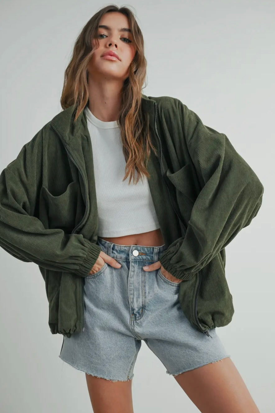 Oversized Lapel Corduroy Zipper Jacket