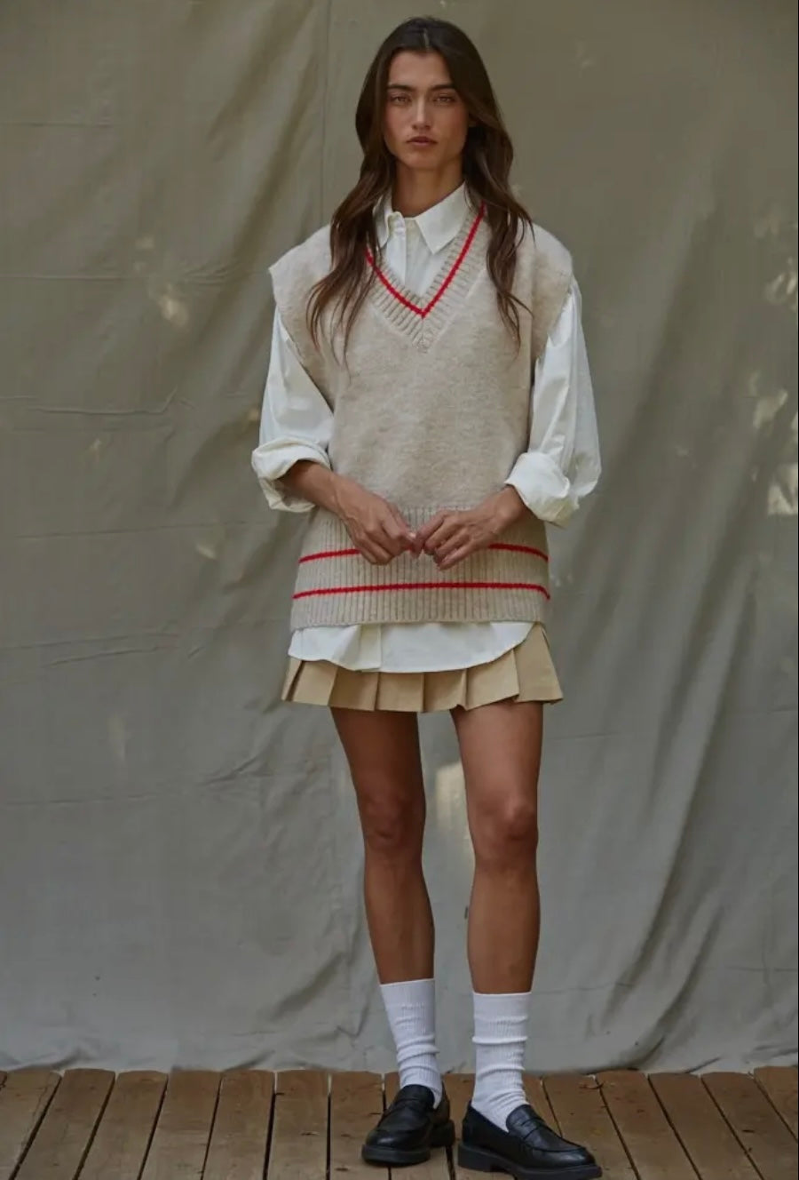 Knit Sweater Vest Top With Pinter Striped Detail