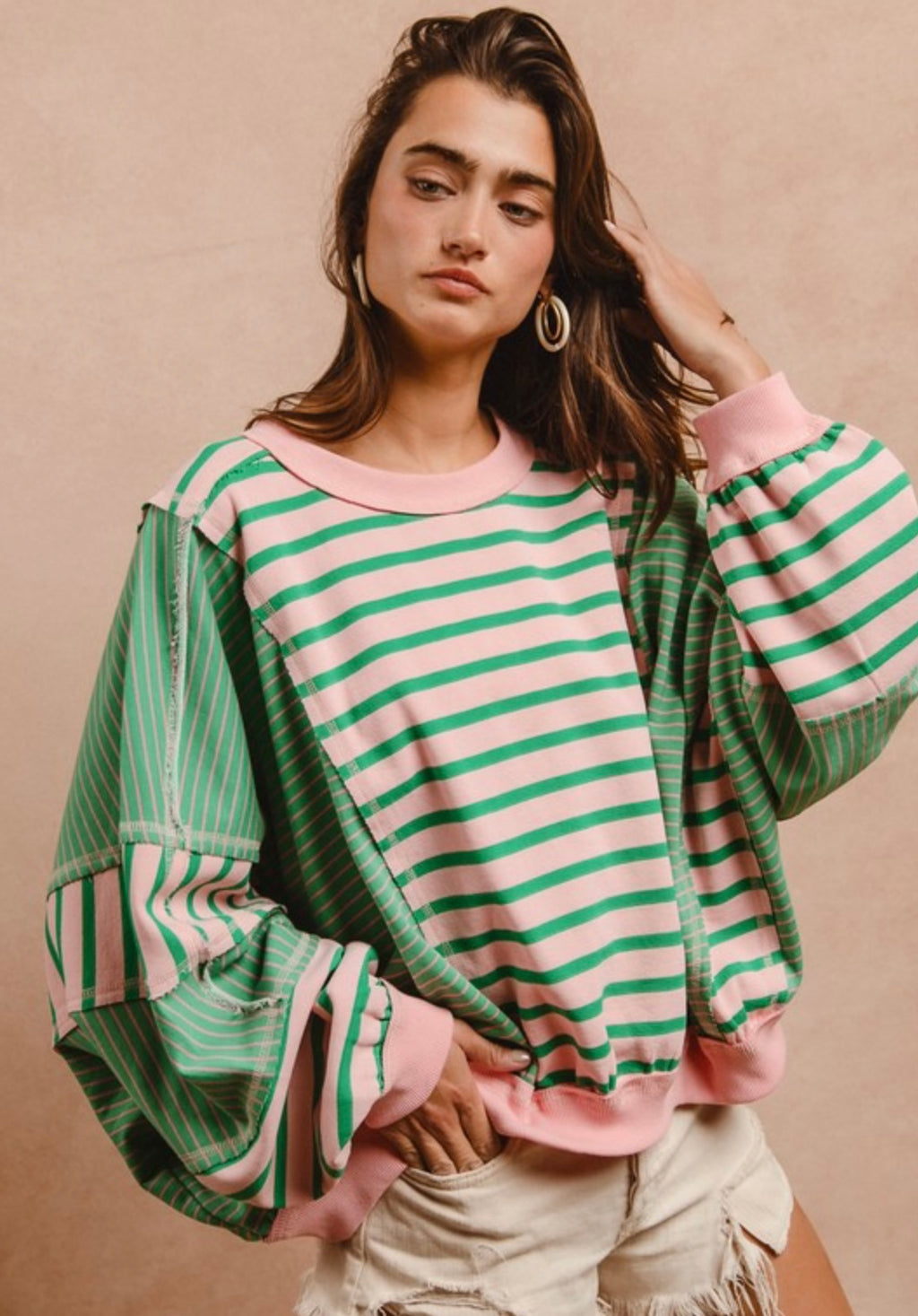 Emerald / Blush Stripe Loose Fit Top