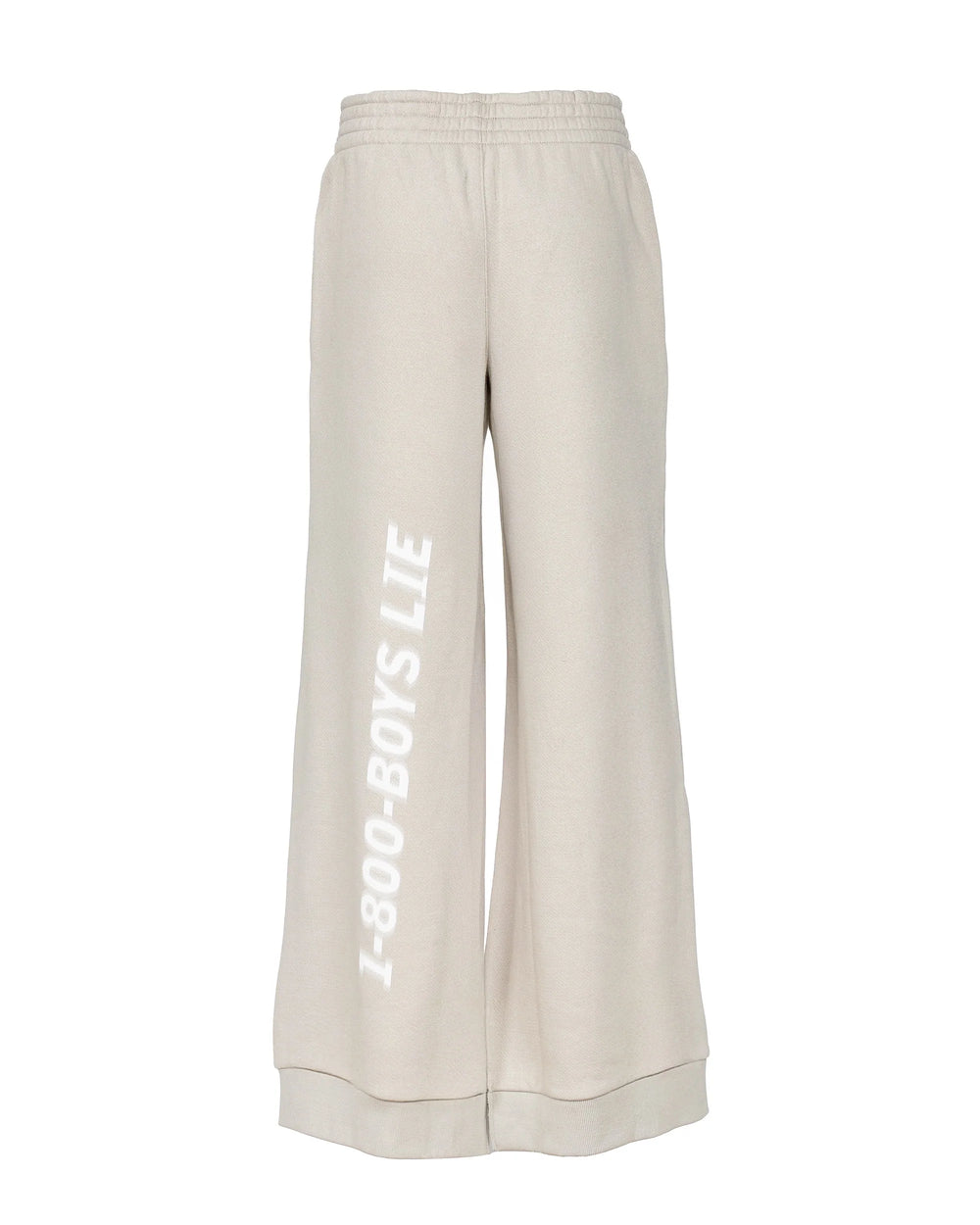 Beige sweatpants with text on a white background