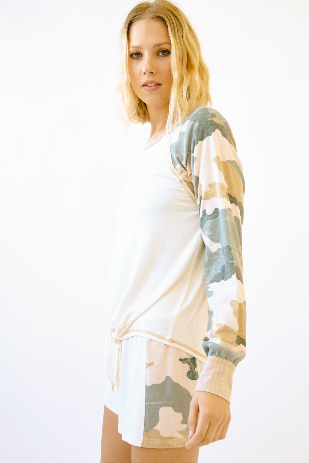 Mystree Tie Front Camo Long Sleeve Top