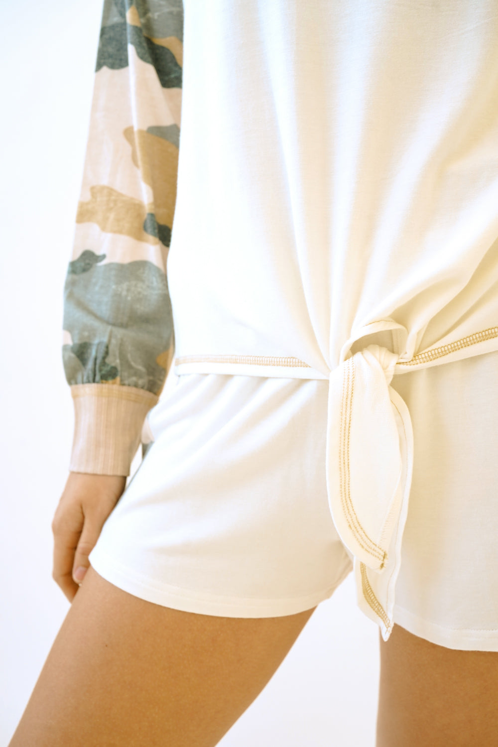 Mystree Tie Front Camo Long Sleeve Top