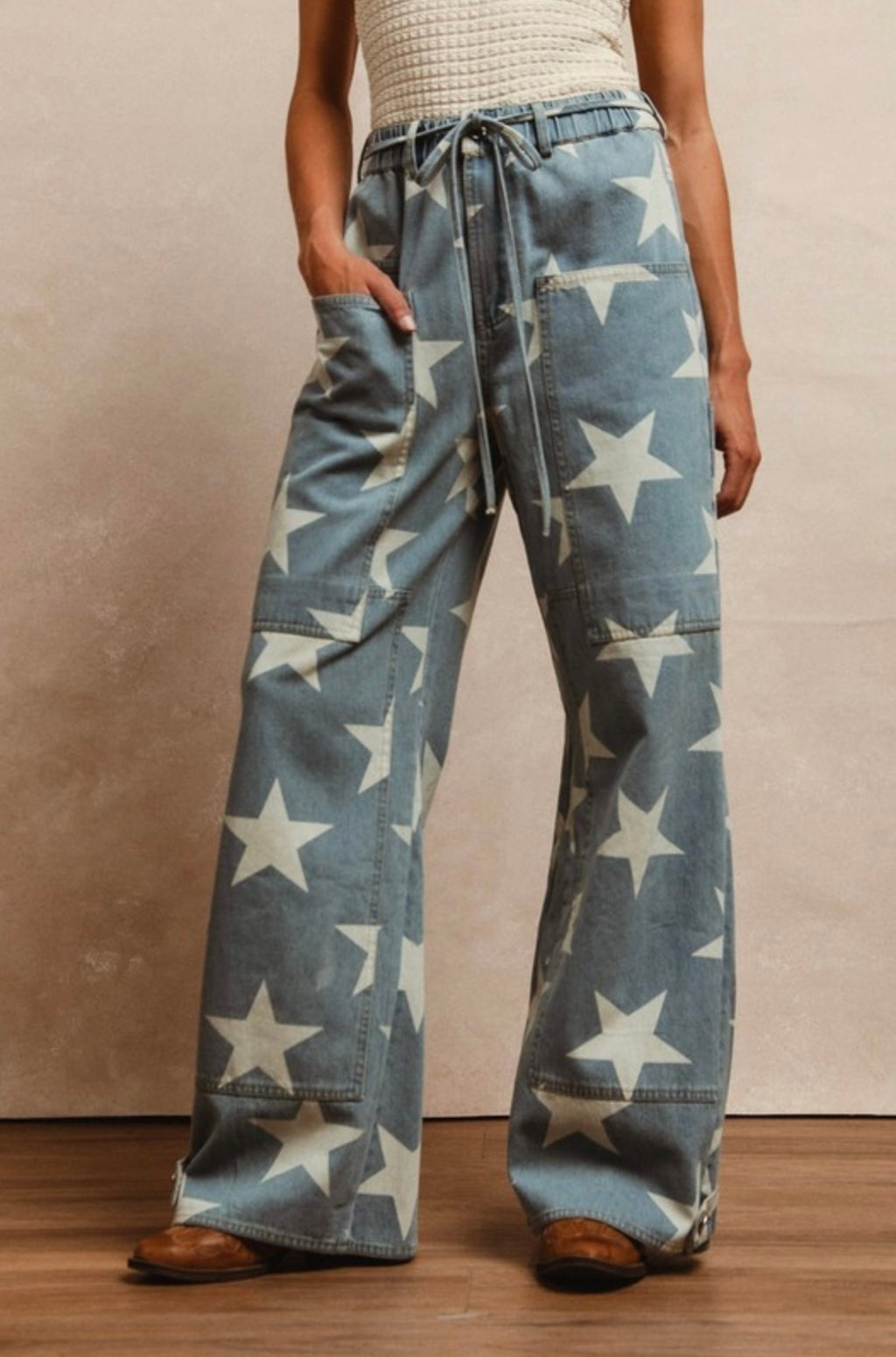 Washed Star Denim Waist Tie Long Pant
