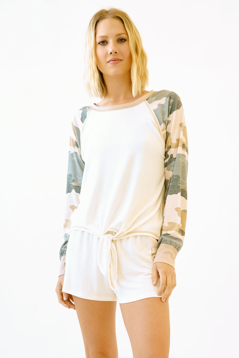 Mystree Tie Front Camo Long Sleeve Top
