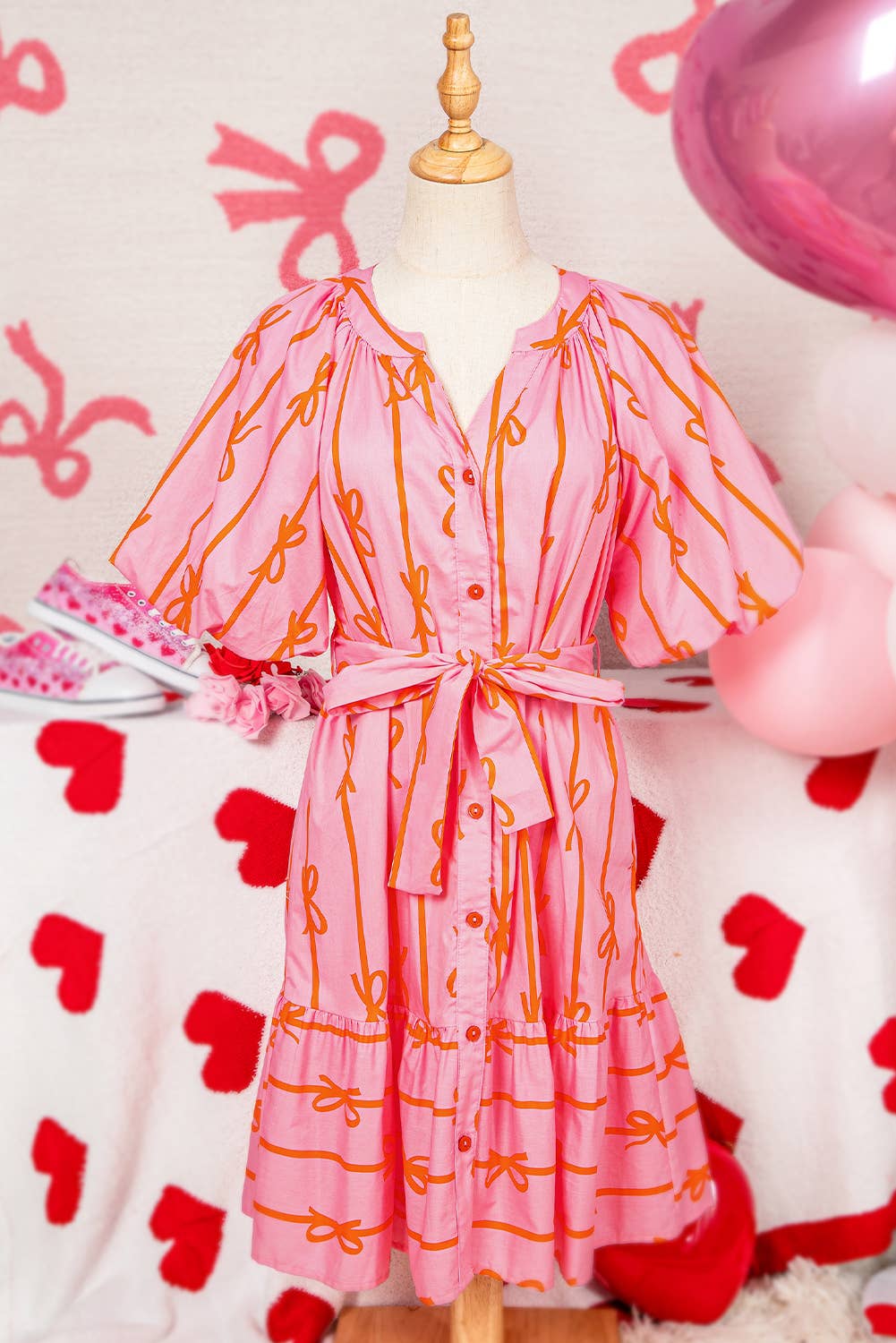 Bowknot Striped Bubble Sleeve Buttoned Belted Mini Dress