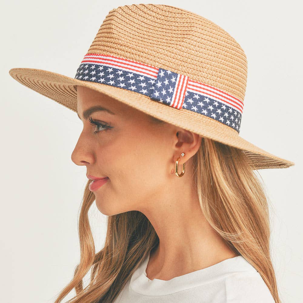American USA Flag Band Panama Straw Sun Hat