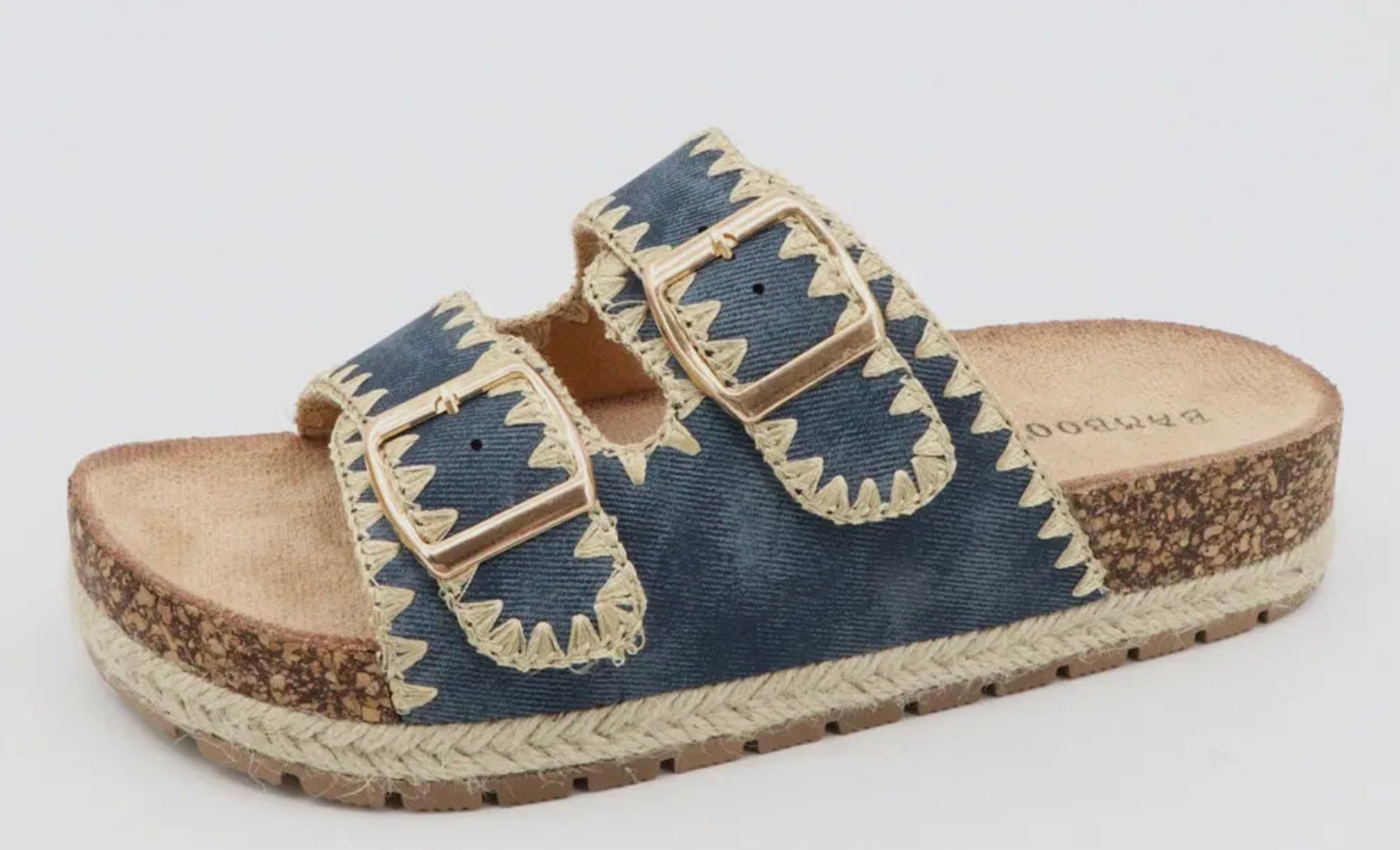 Bamboo Espadrille Embroidered Trim Buckle Sandal Denim
