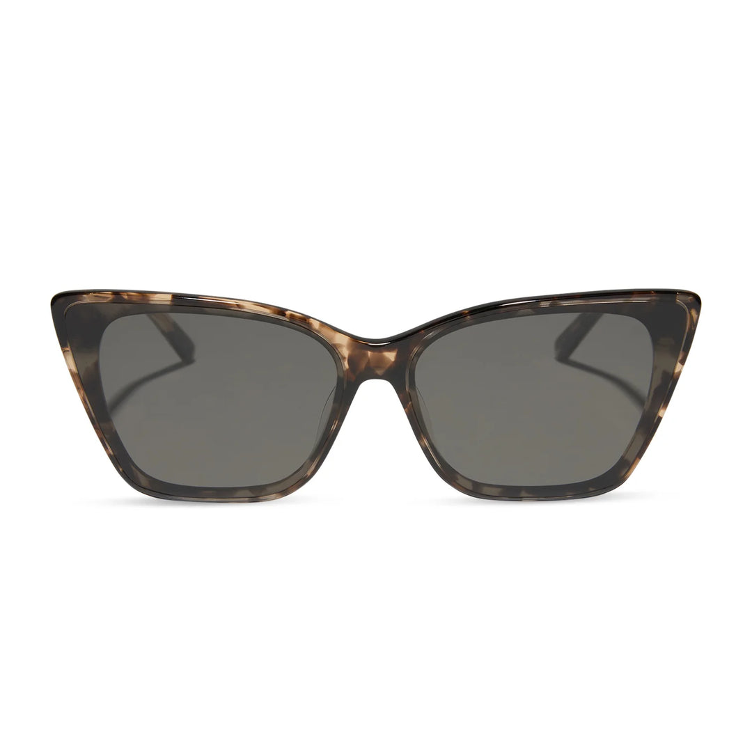 Cat-eye sunglasses with tortoiseshell frame and dark lenses on a white background
