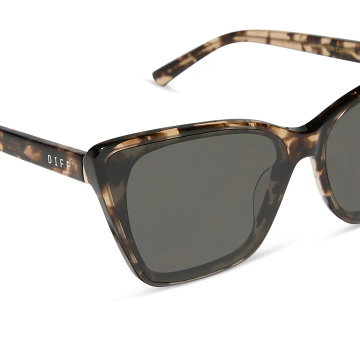 Sunglasses with tortoiseshell frame and dark lenses on a white background
