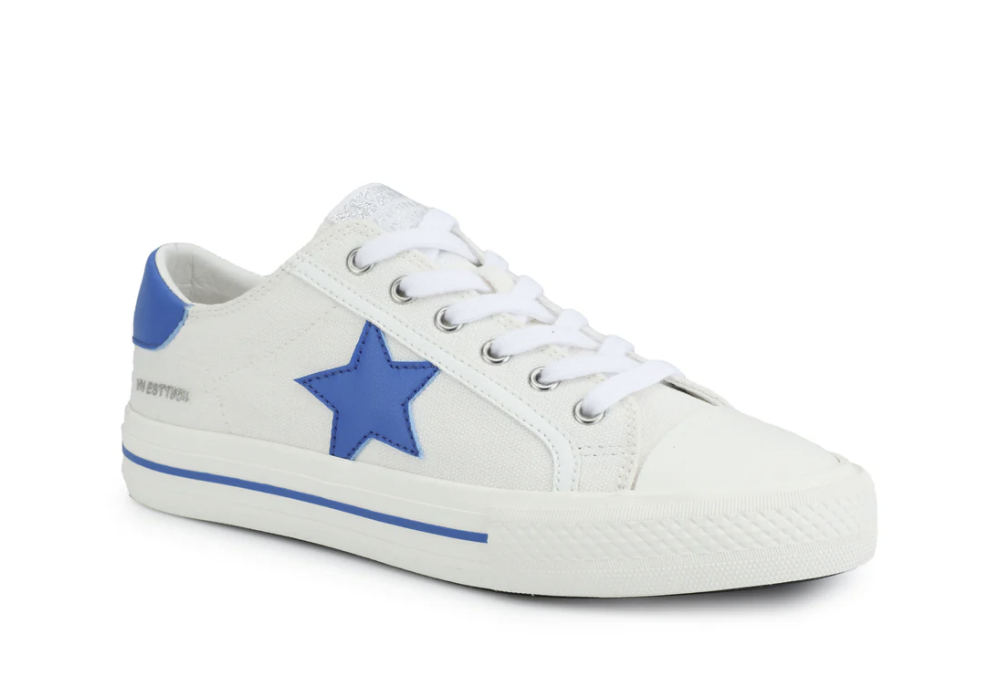 White sneaker with a blue star on a white background