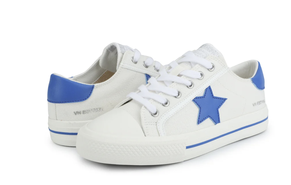 White sneakers with blue accents on a white background