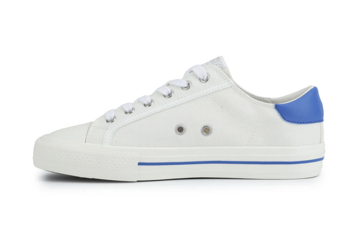 White sneaker with a blue heel on a white background