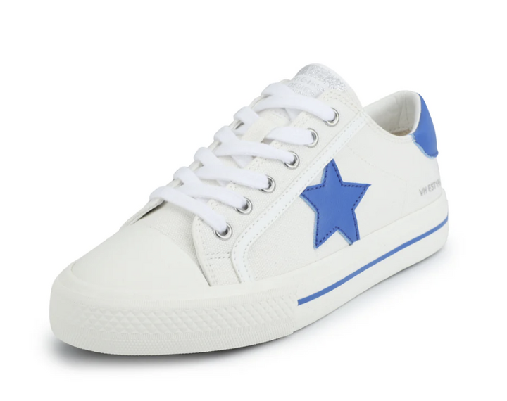 White sneaker with a blue star on a white background