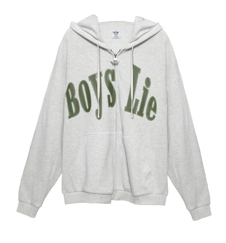 Gray hoodie with 'Boys Lie' text on a white background