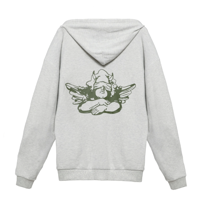 Gray hoodie with a graphic design on the back against a white background