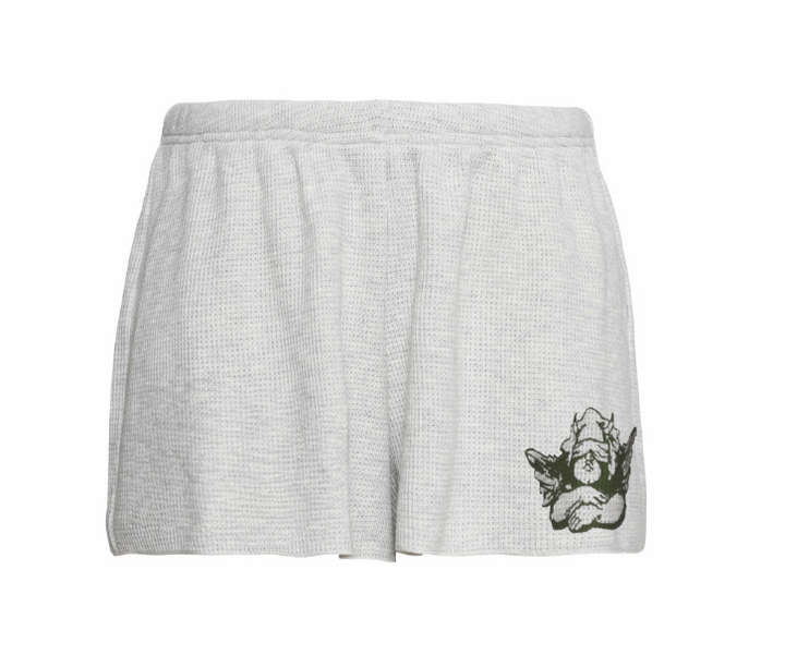 Gray shorts with a small graphic on a white background