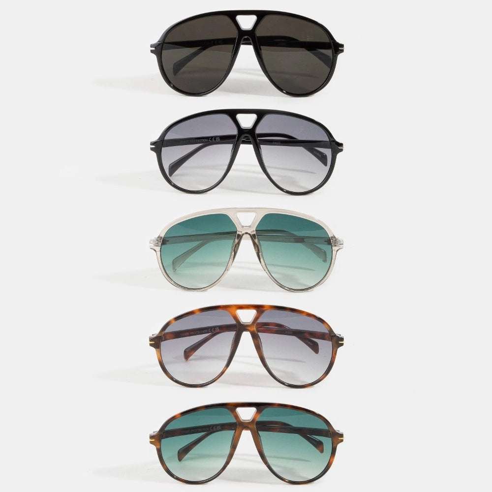 Five pairs of sunglasses with different designs and colors on a white background