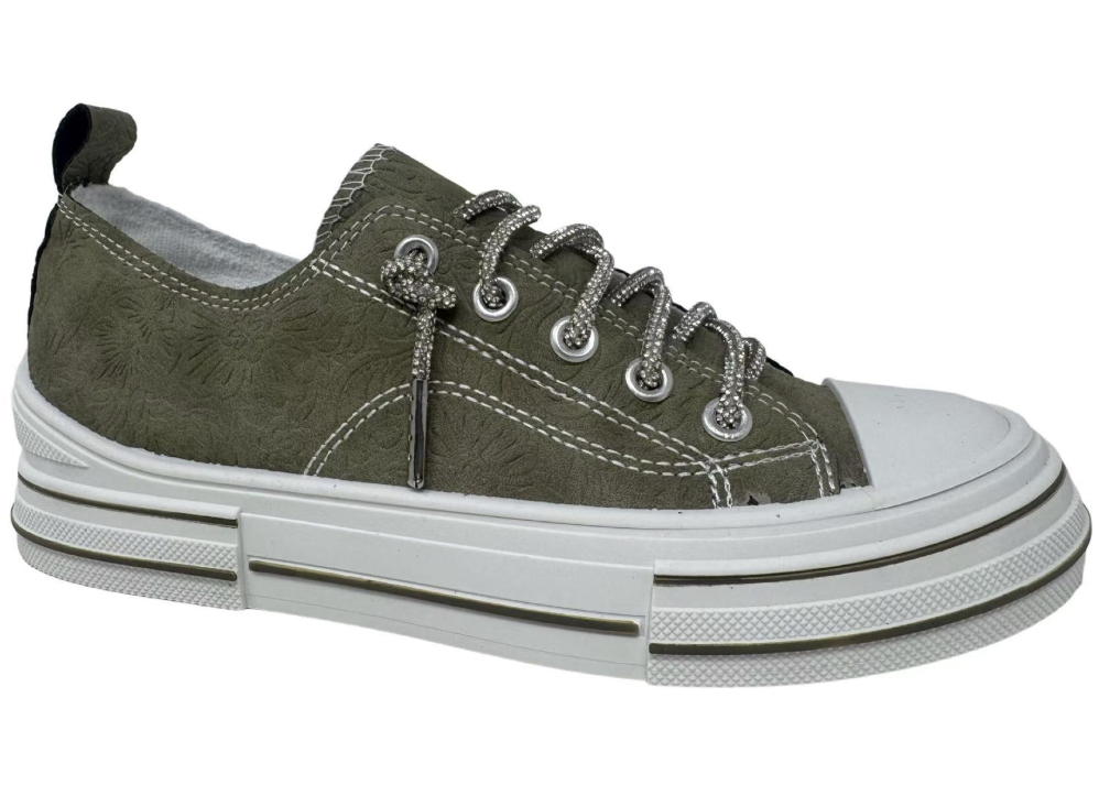 Olive green sneaker with tooling and sparkle laces on plain background