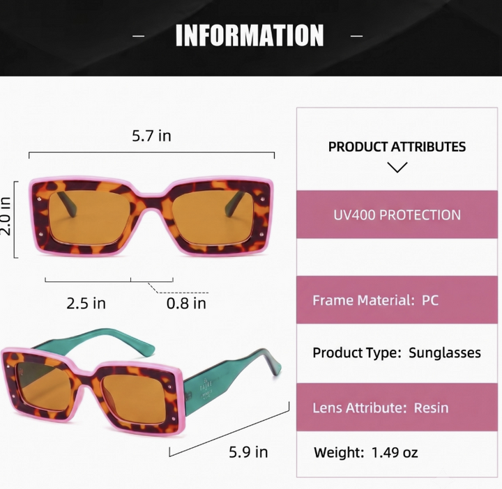 Sunglasses product information graphic showing two views of square sunglasses with pink and tortoiseshell frames, amber lenses, and teal temples, along with dimensions and product attributes on a white background.