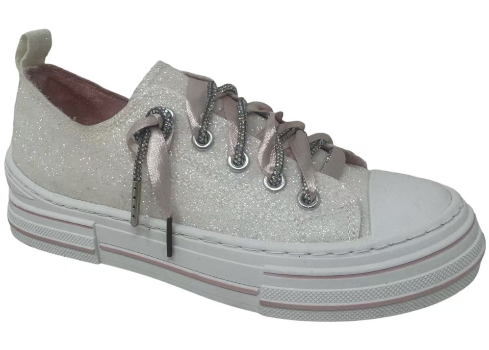 White glitter sneaker with sparkle and pink ribbon laces on white background