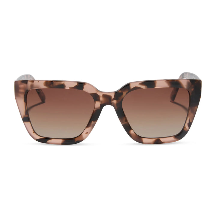 Sunglasses with tortoiseshell frame and brown gradient lenses on a white background