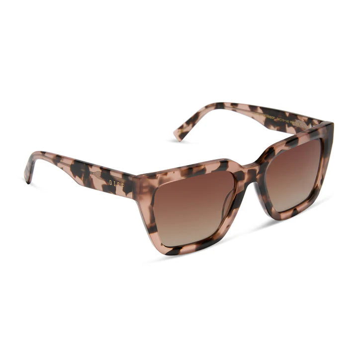 Sunglasses with tortoiseshell frame and brown gradient lenses on a white background