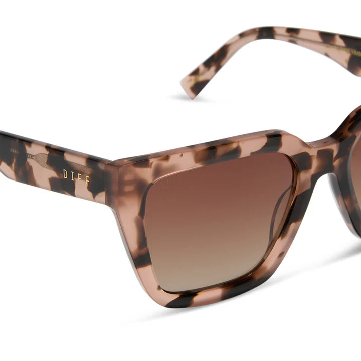 Sunglasses with tortoiseshell frame and brown gradient lens on a white background