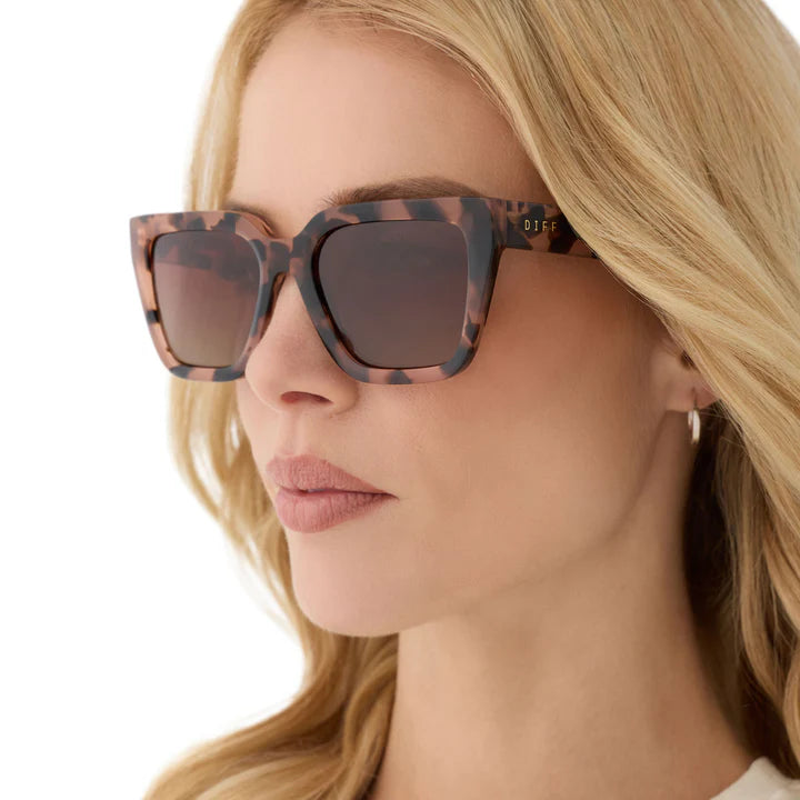 Close-up of a woman wearing tortoiseshell sunglasses with a neutral background