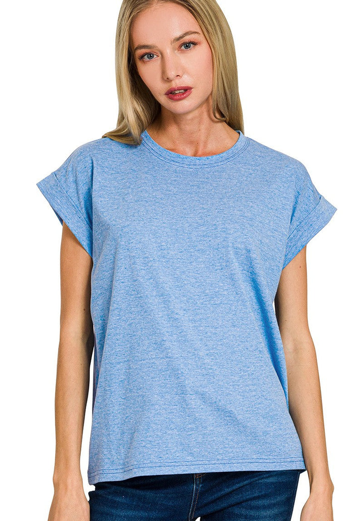 Light blue t-shirt with a graphic design on a plain background