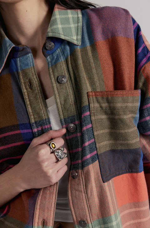 Multicolored plaid jacket with a person wearing it, holding a phone.