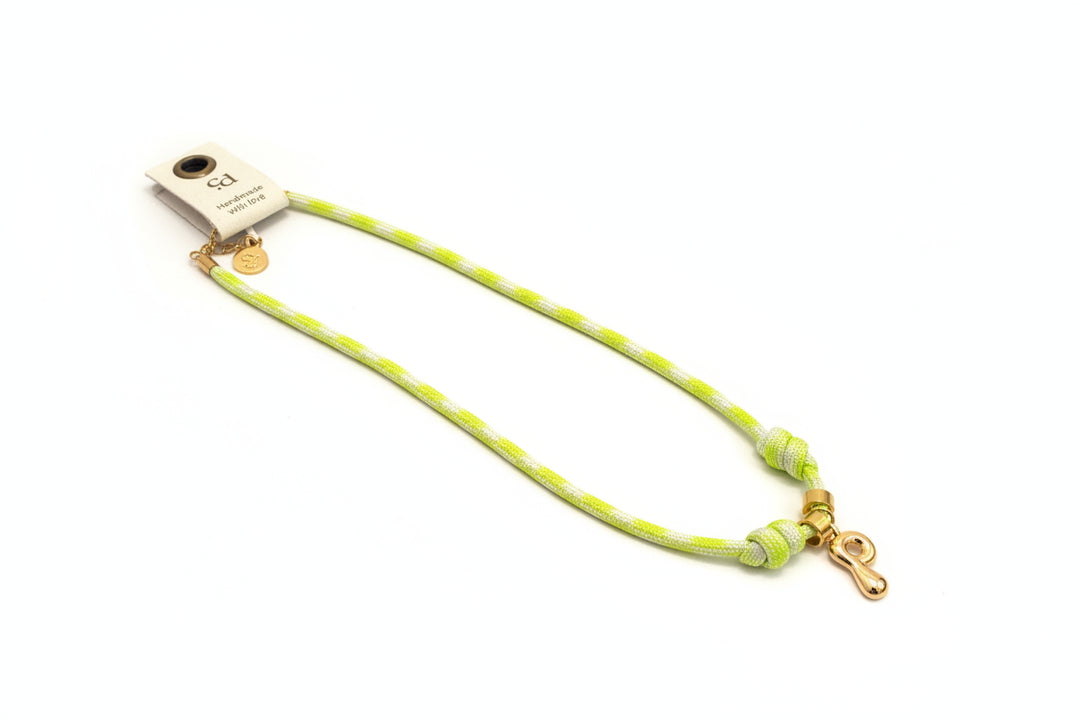 Cord necklace with gold bubble P on plain background