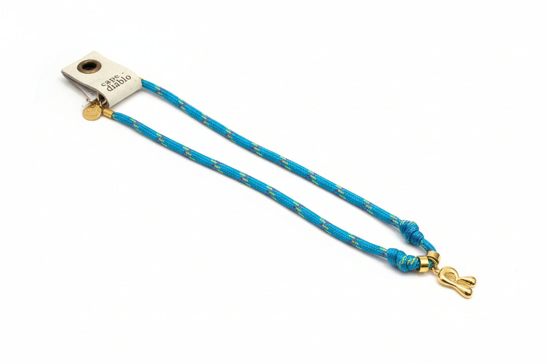 Cord necklace with gold bubble R on plain background