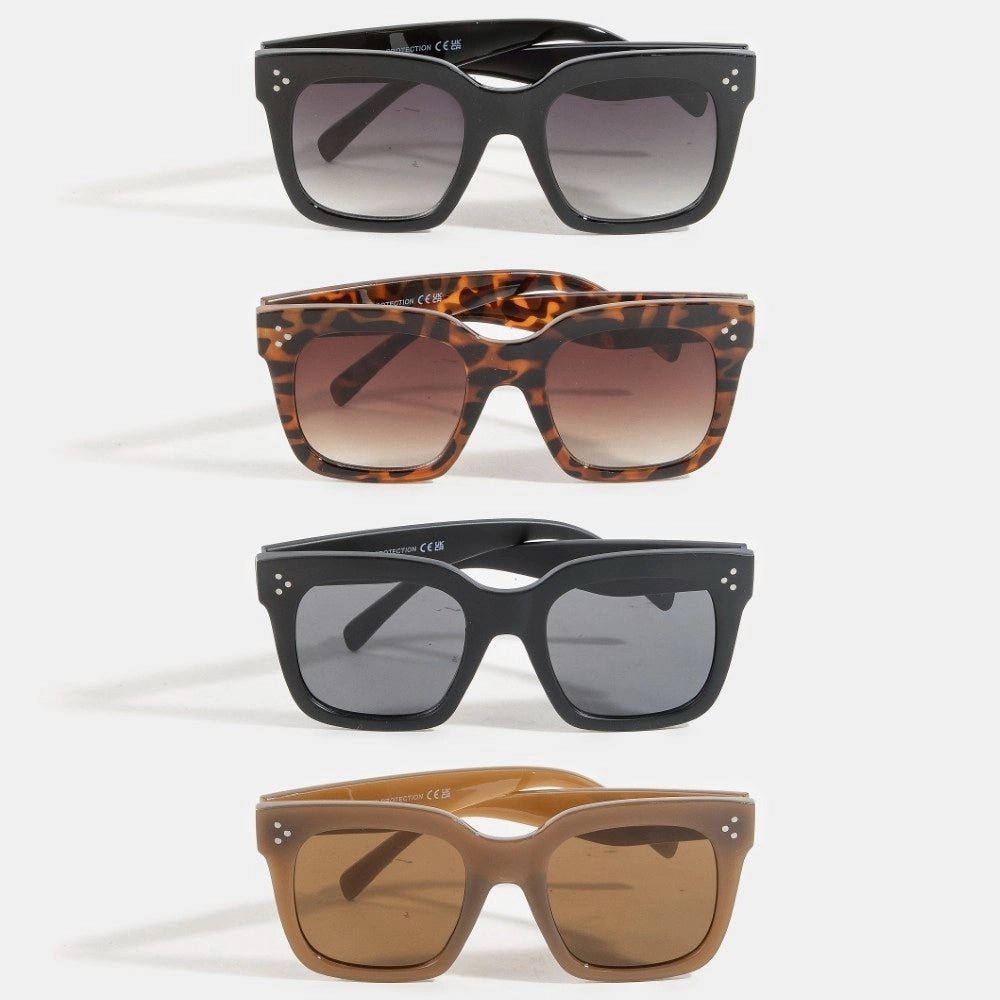 Four pairs of sunglasses with different designs and colors on a white background