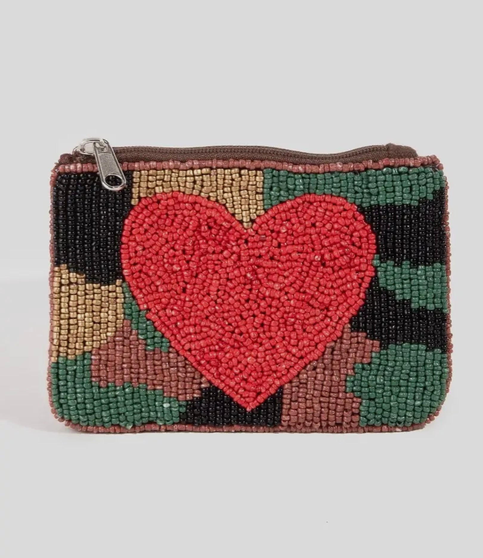 Seed Beaded Camo & Heart Coin Purse