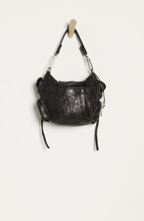 Black leather handbag on a white background