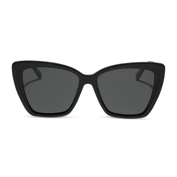 Black cat-eye sunglasses with dark lenses on a white background