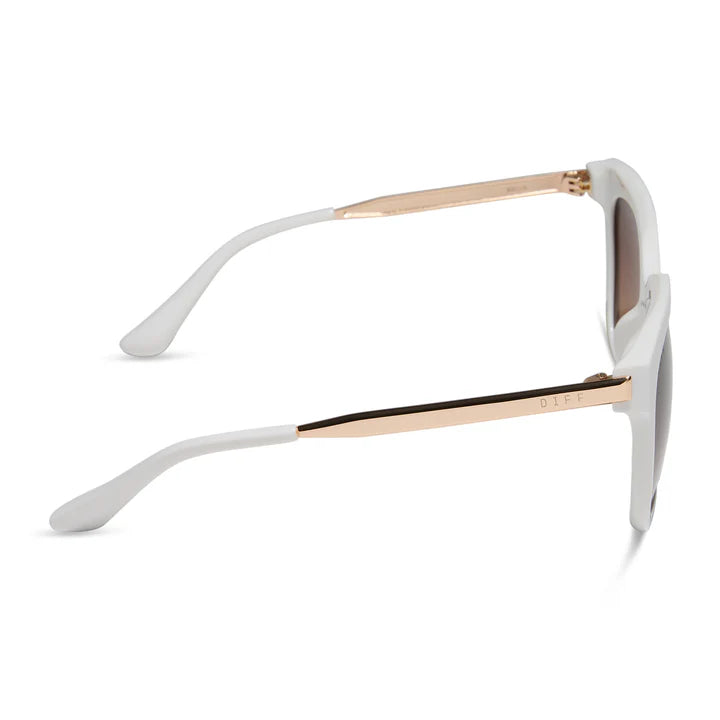 White sunglasses with gold accents on a white background