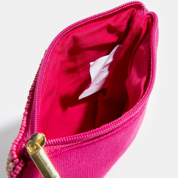 Pink zippered pouch with gold zipper on a white background