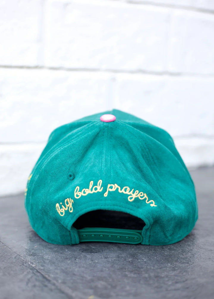 Green faux suede trucker hat with &