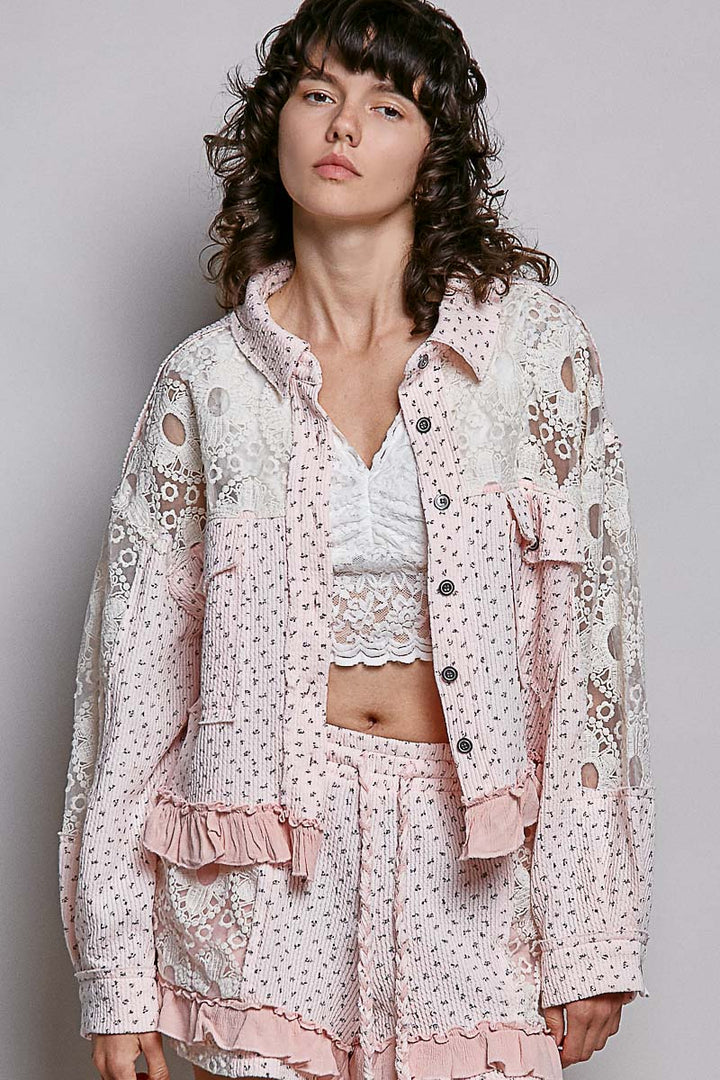 Woman wearing a floral outfit with a light background