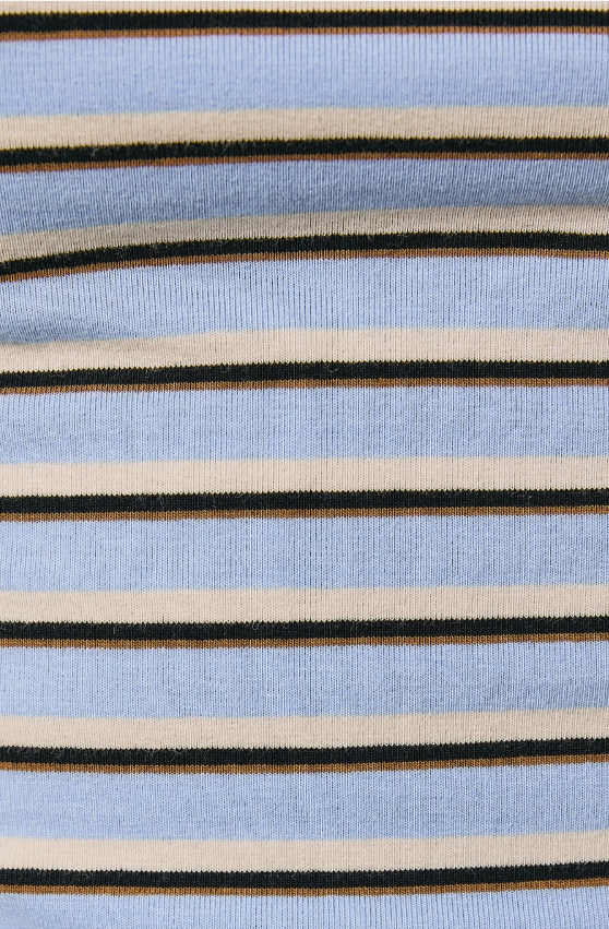 A close-up of a striped knit fabric with horizontal bands of light blue, cream, and black.