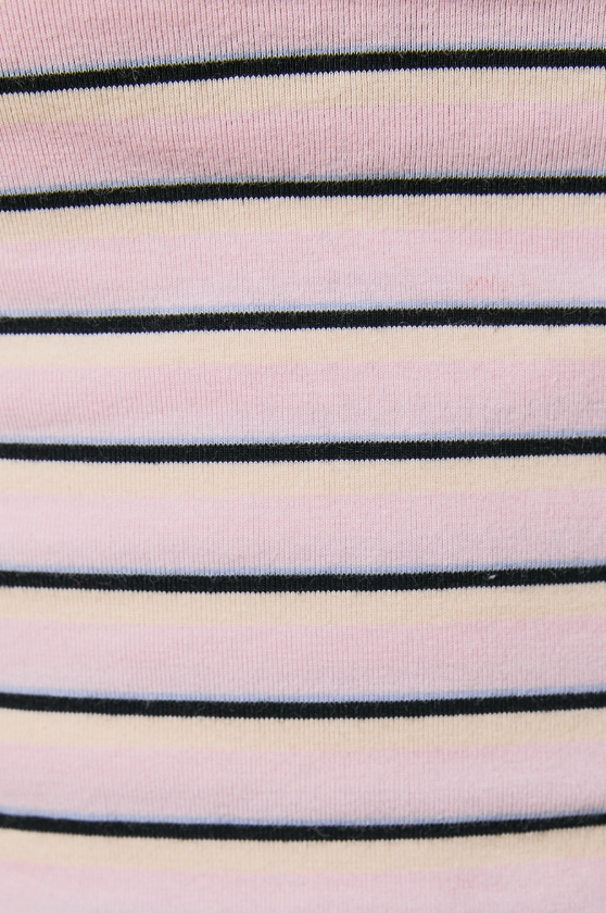 Close-up of a fabric with pink, black, and beige horizontal stripes.